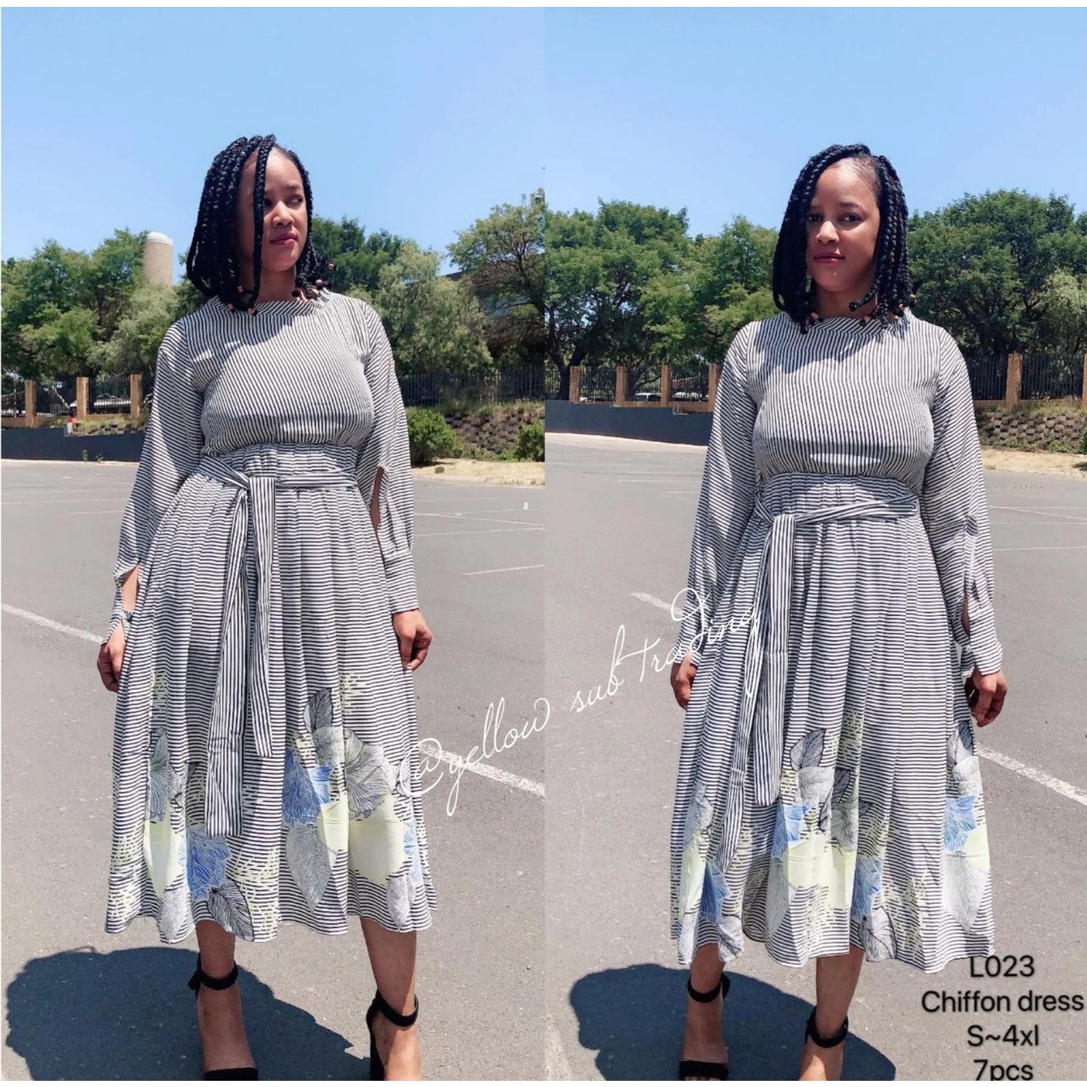 Long-sleeve Floral Striped Dress - YELLOW SUB TRADING 