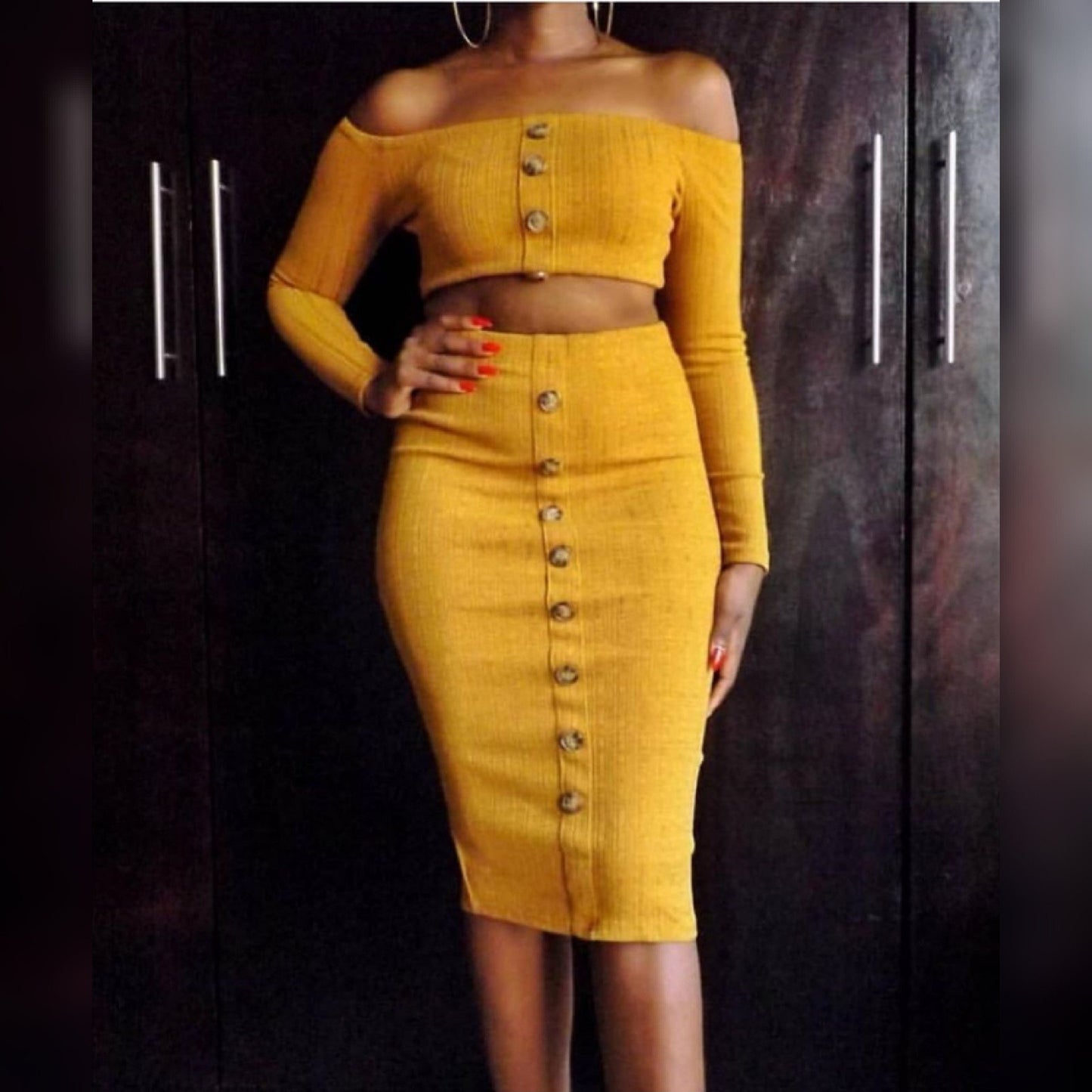 Off Shoulder Button Detail Sweter Set - YELLOW SUB TRADING 