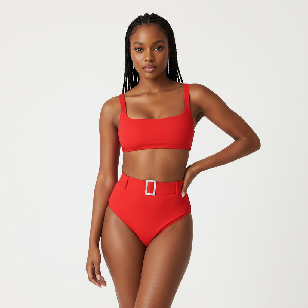 Vintage belt high waist bikini set
