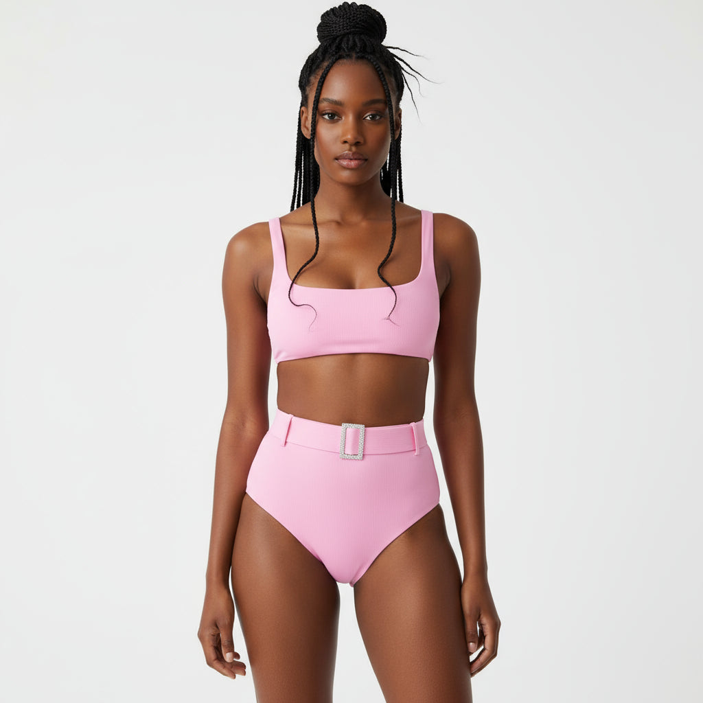 Vintage belt high waist bikini set