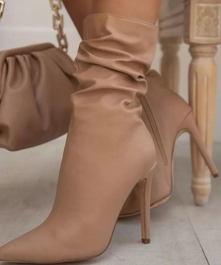 Leather Pointed Toe Pleated Ankle Boots