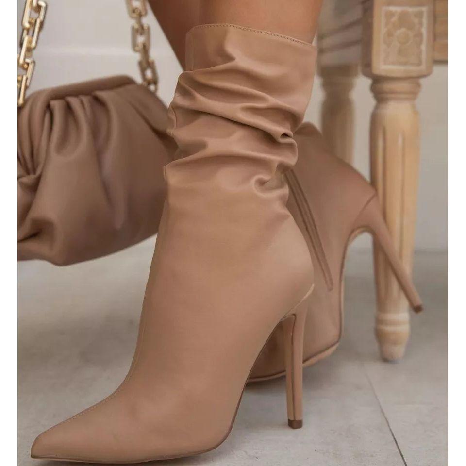 Leather Pointed Toe Pleated Ankle Boots
