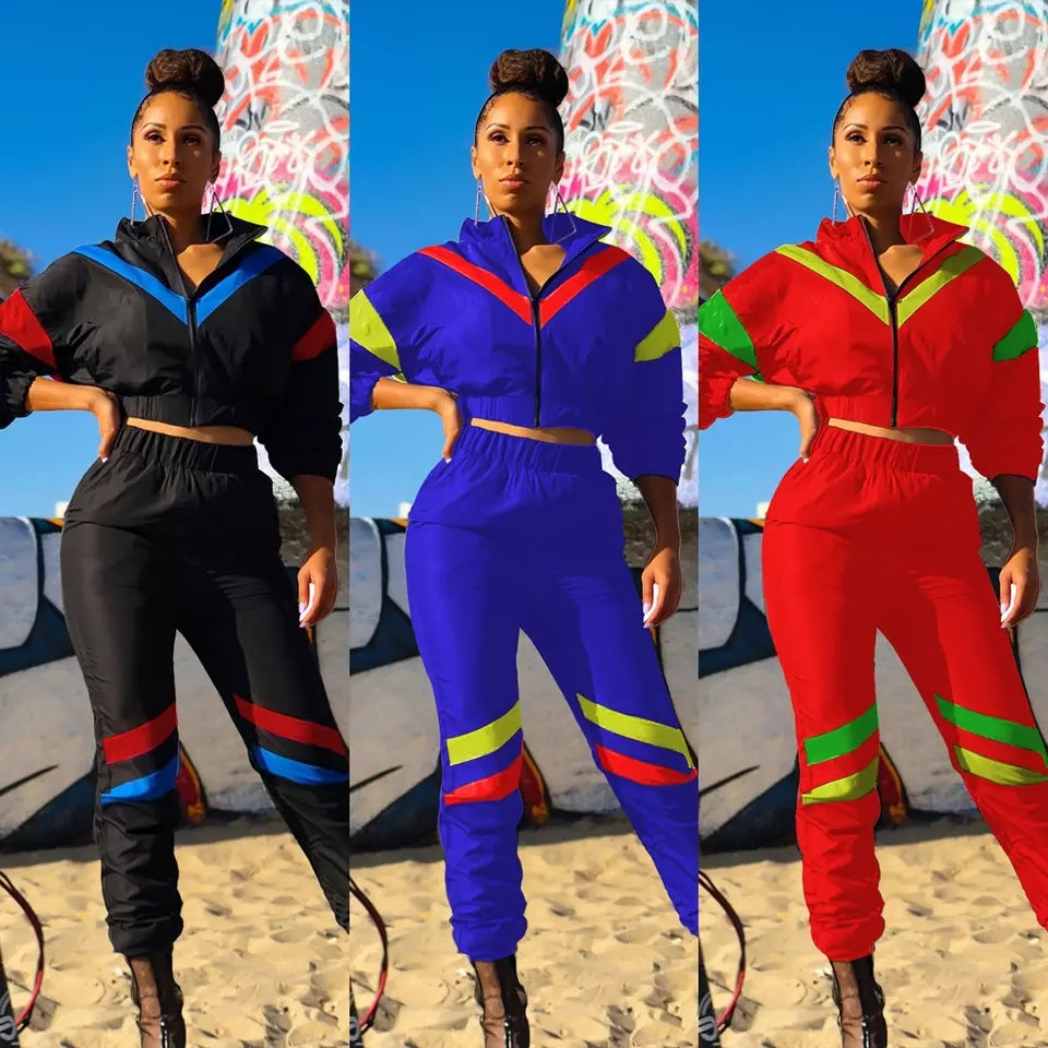 V-neck Color Zipper Tracksuit