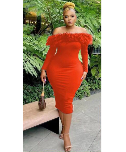 Bodycon Off Shoulder Feather Dress