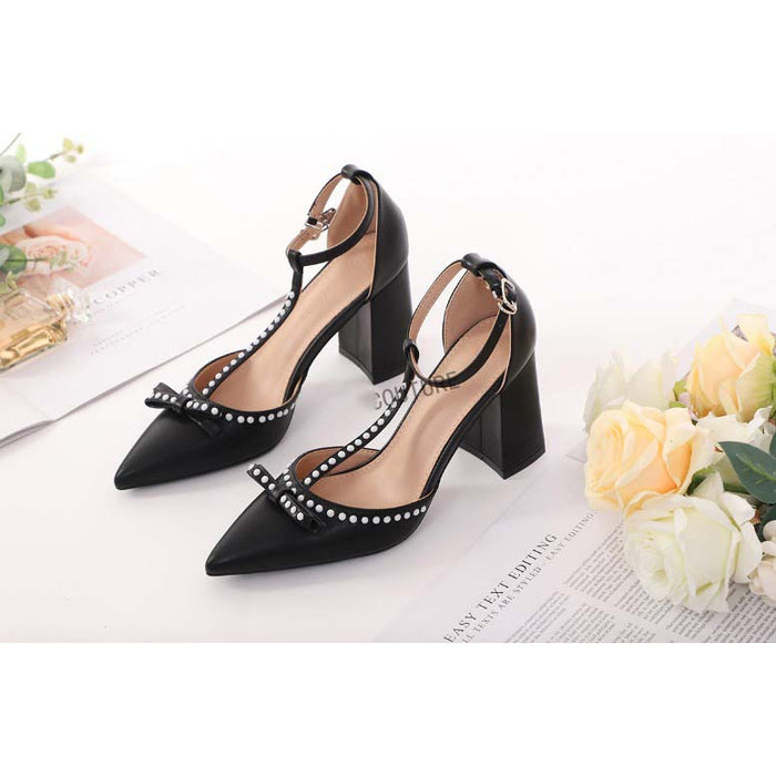 Fashion Pointed Toe Block Heel High Heels 3Cm Women Pumps Rhinestone Buckle  Low Heel Party Shoes Soft Leather Office Work Shoes
