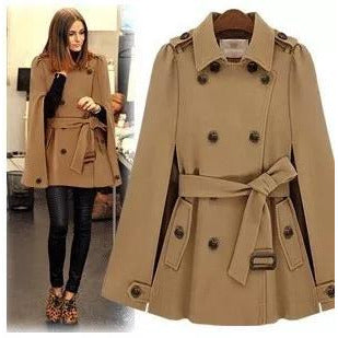 Winter Turn down Collar Belted Cape Coat 