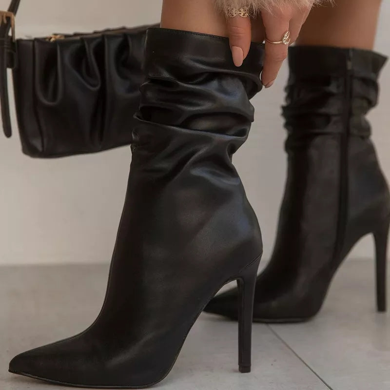 Leather Pointed Toe Pleated Ankle Boots