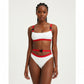 A two-piece swimsuit with red and white patchwork bandage straps