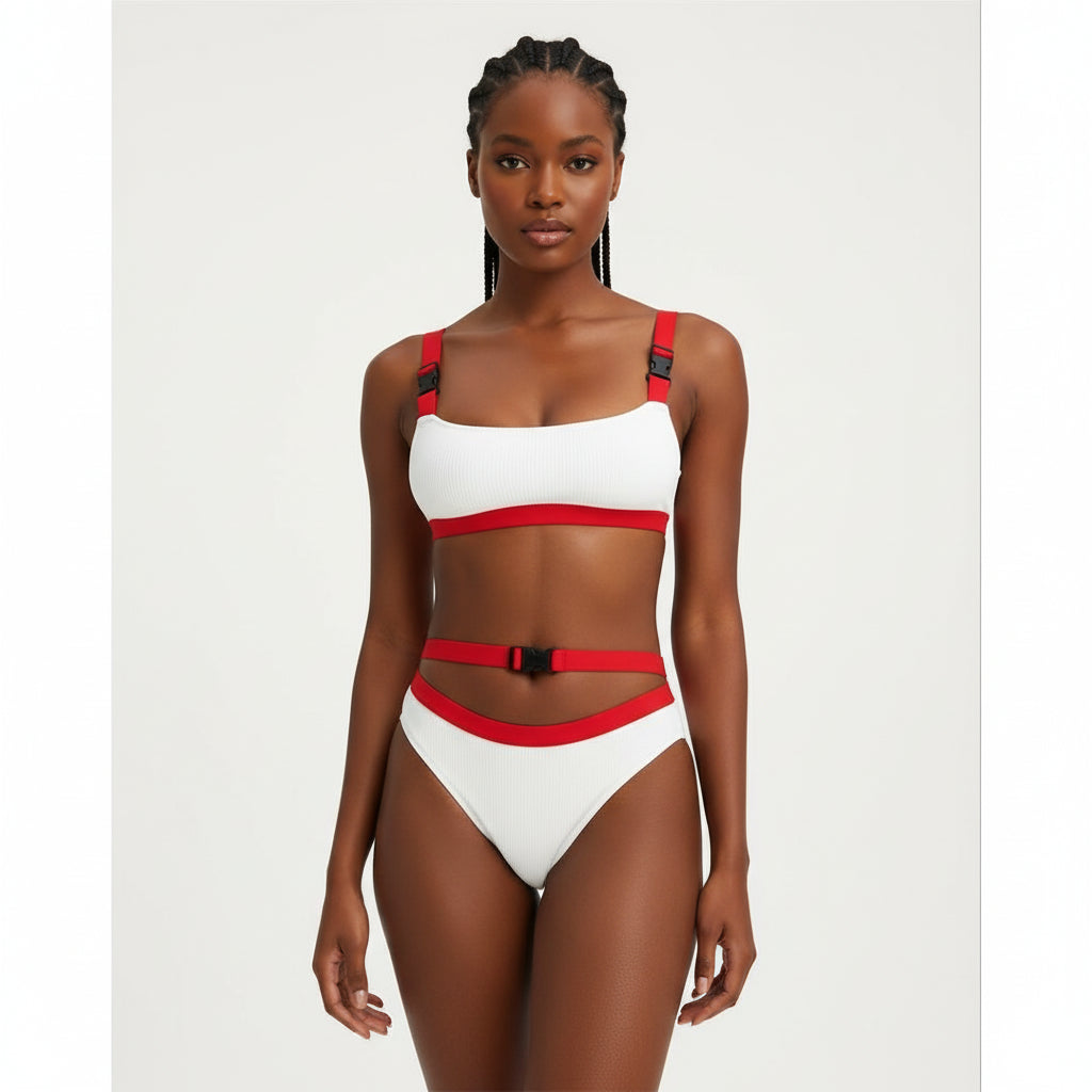 A two-piece swimsuit with red and white patchwork bandage straps