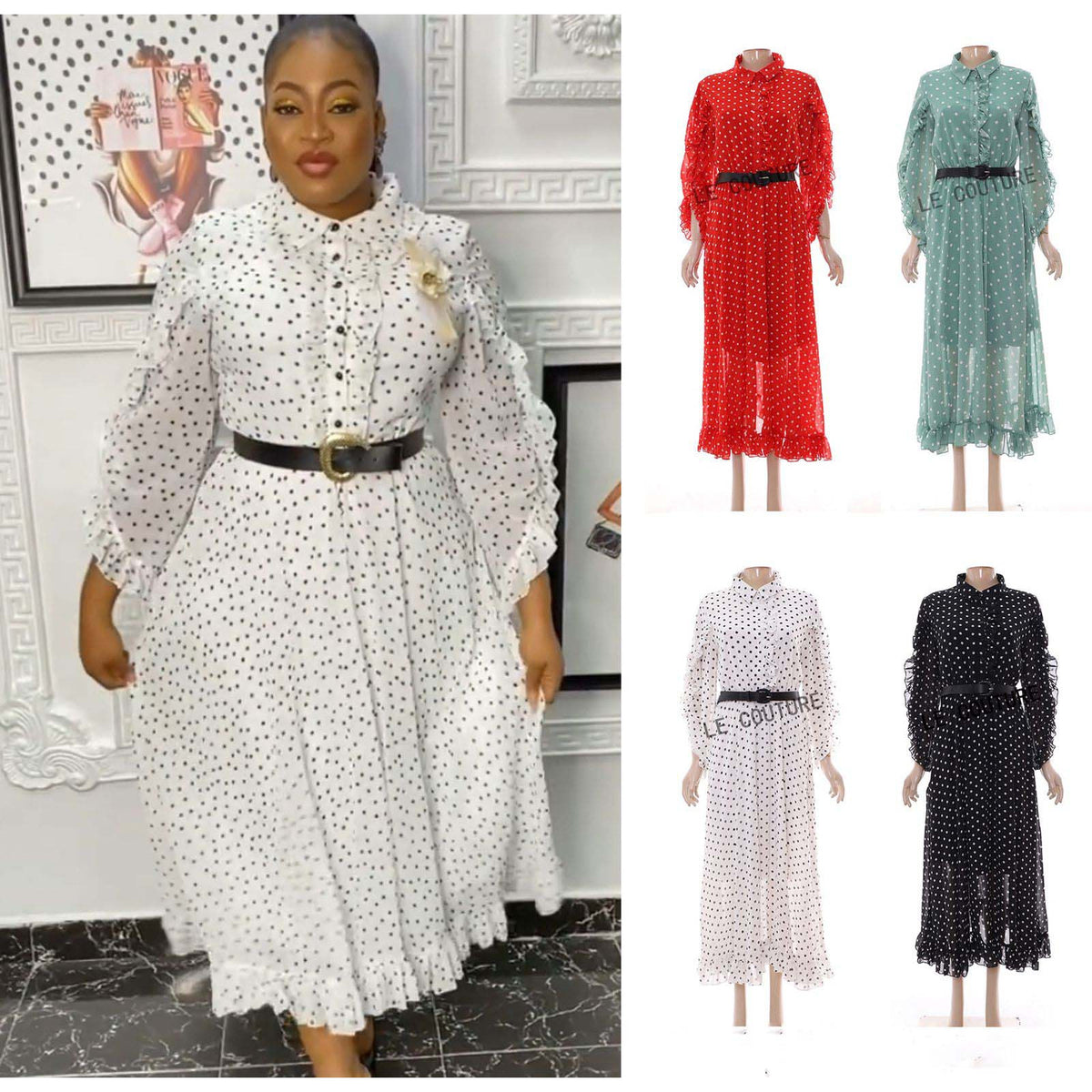 Long Sleeve High Waist Dotted Print Dress — YELLOW SUB TRADING