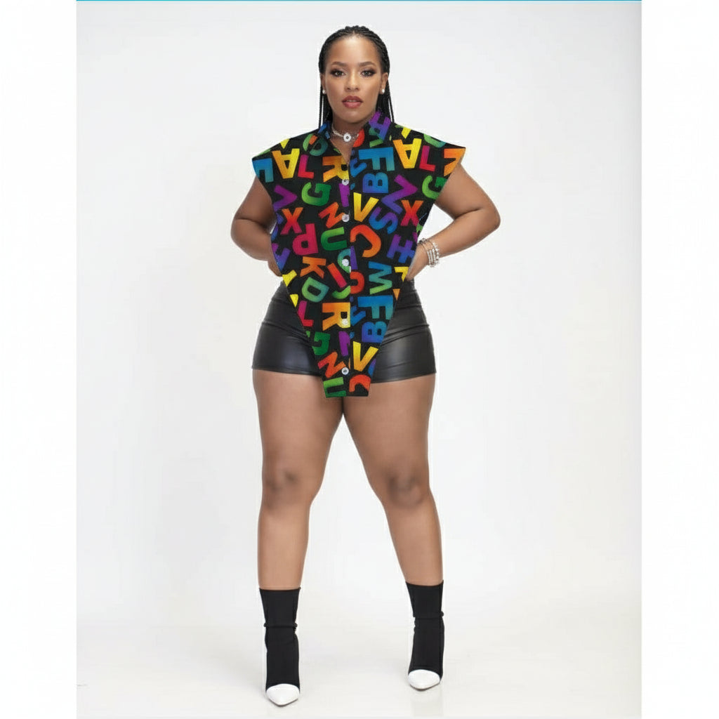 Letter Print Short Sleeve Turn-down Collar Shirt 