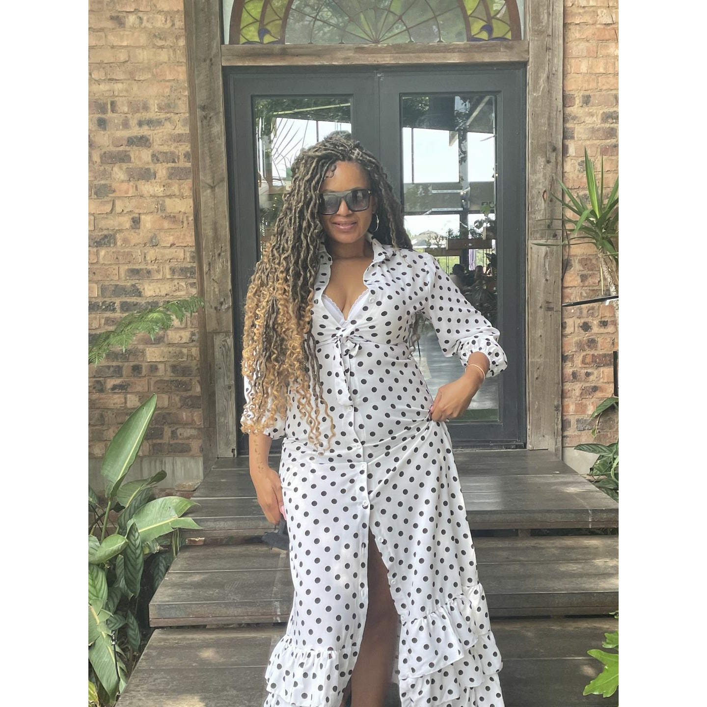 Long Sleeve Polka Dotted Shirt Dress