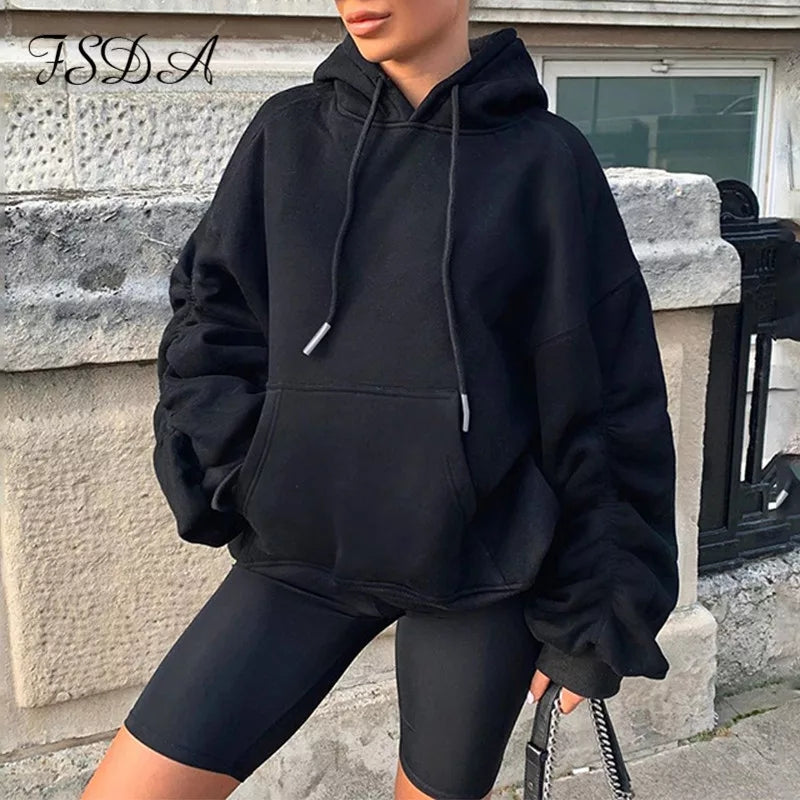 Oversized Puff Sleeve Hooded Top 