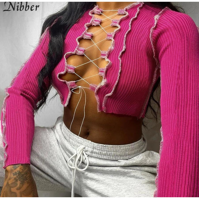 Lace Up Long Sleeve Crop Top