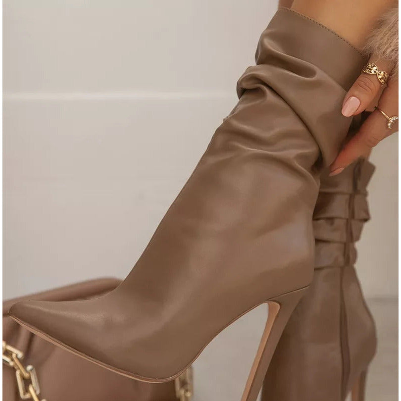 Leather Pointed Toe Pleated Ankle Boots