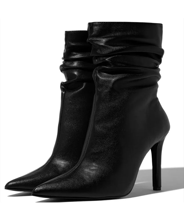 Leather Pointed Toe Pleated Ankle Boots