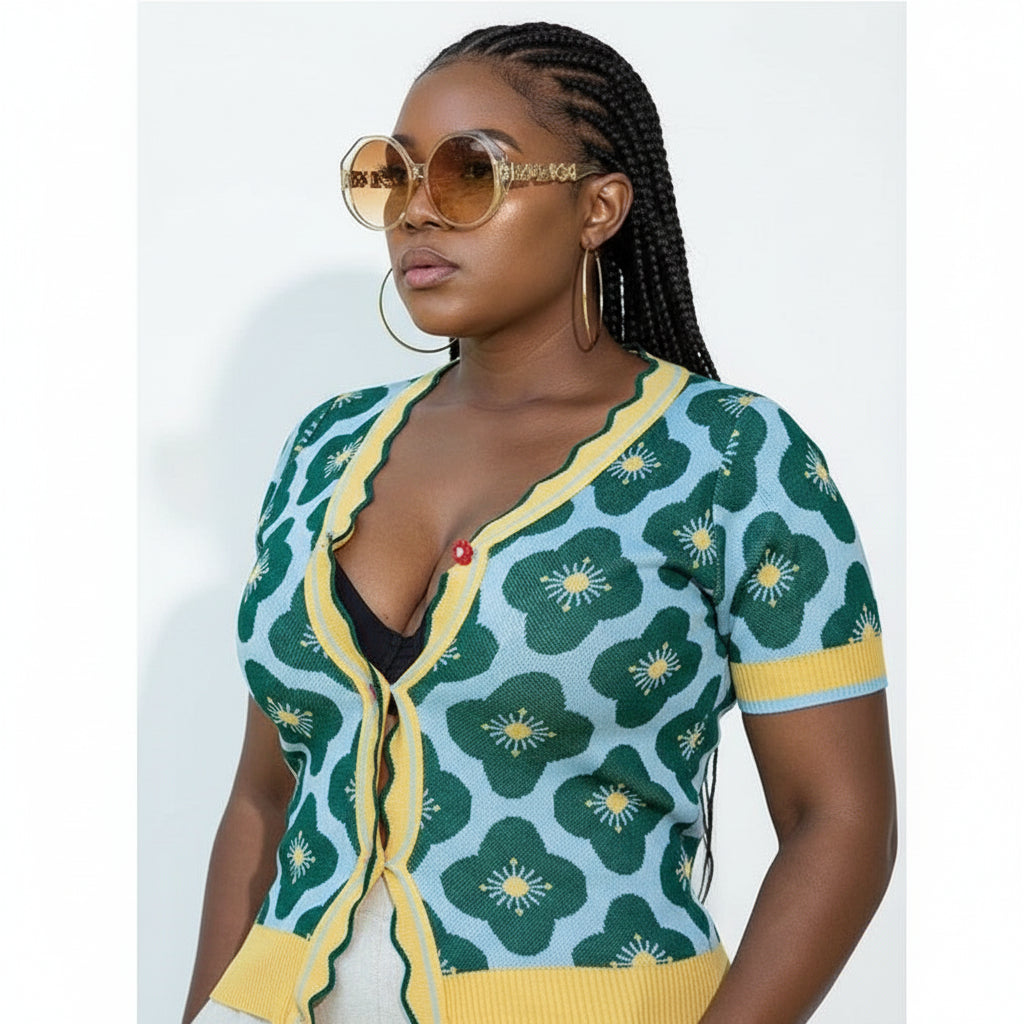 V-Neck Short Sleeve Buttoned Top