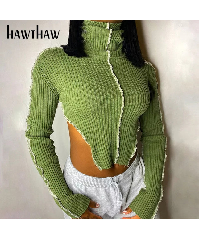 Long Sleeve Turtleneck Knitted Patchwork Tops
