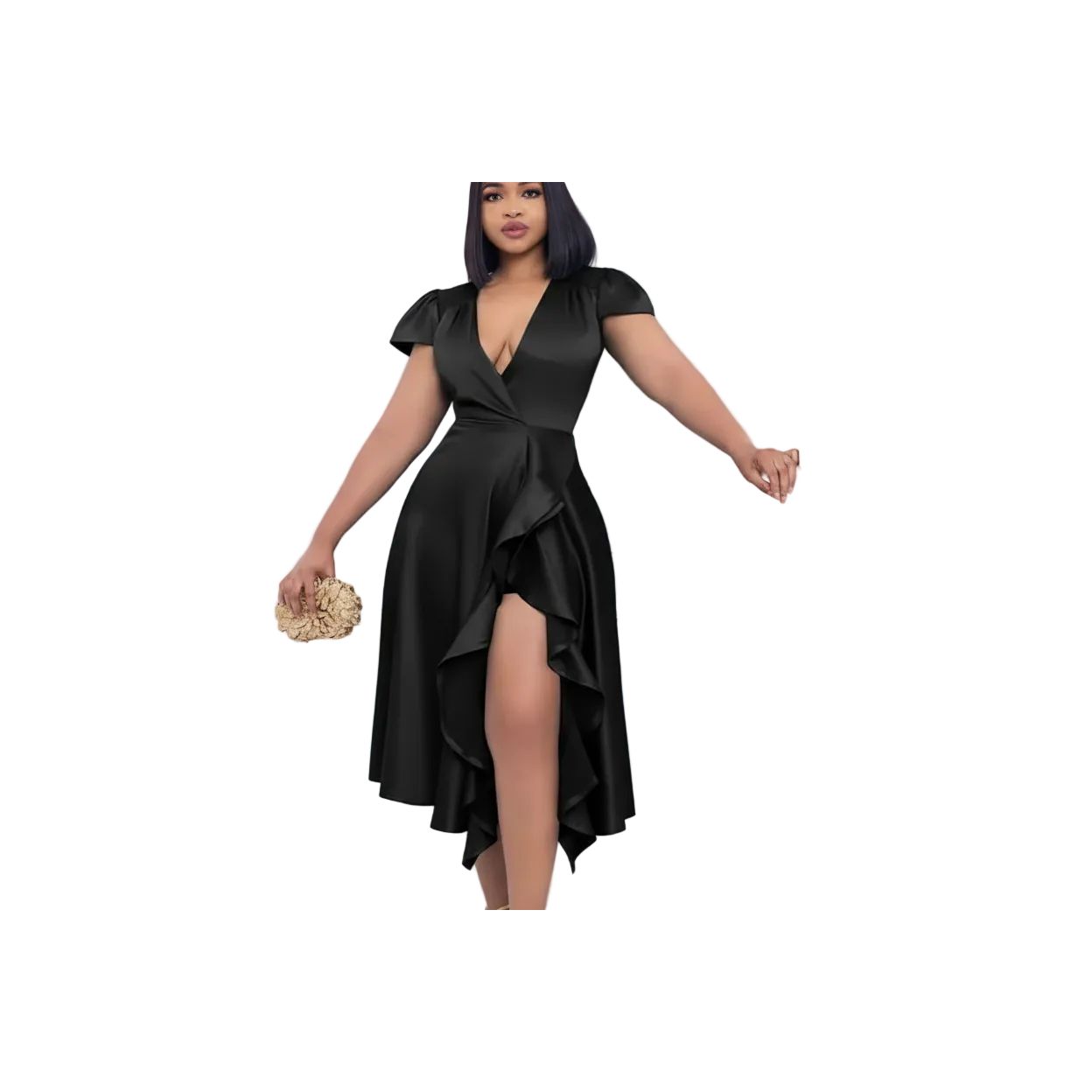 Satin Deep V-Neck Ruffle Dress