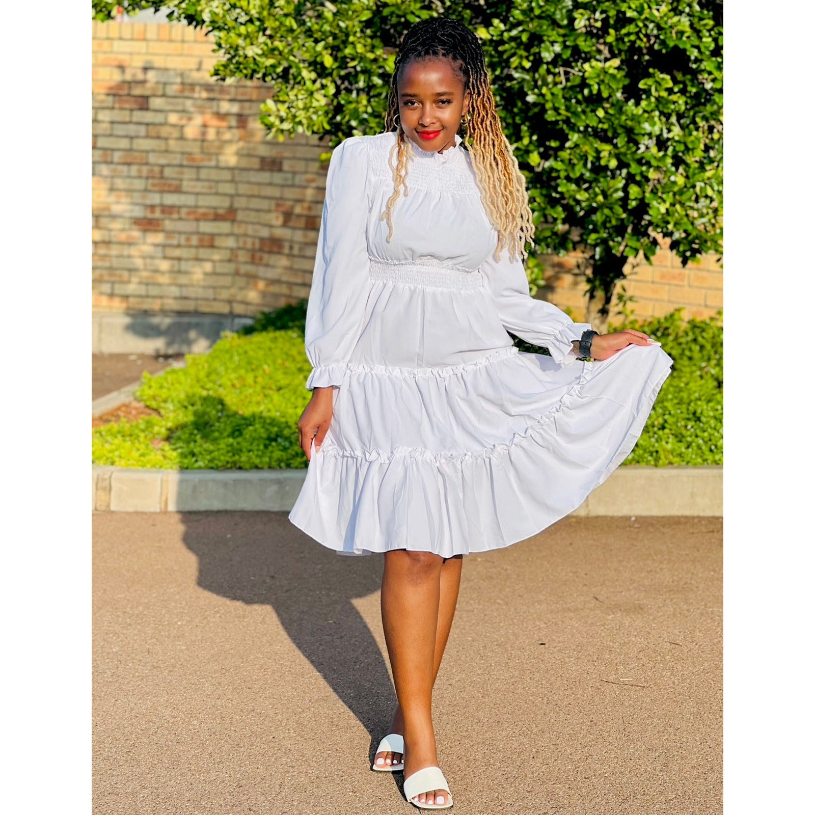 Pleated Long Sleeve Stand Collar Dress