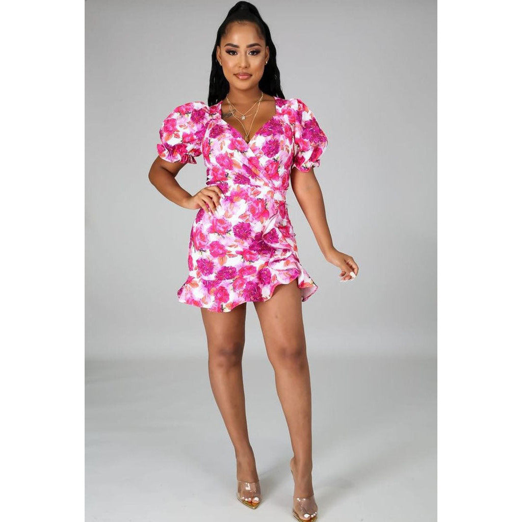 Floral Print V-Neck Short Sleeve Summer Dress