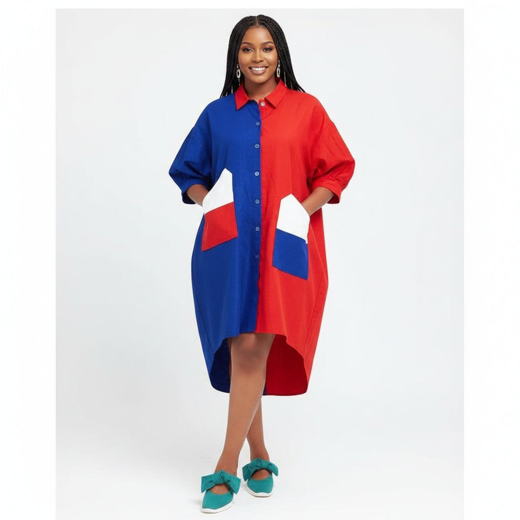 Color Split Print Shirt Dress