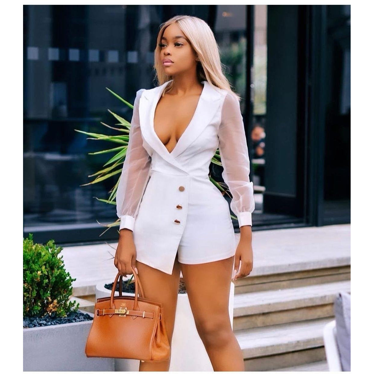 Deep V-Neck Lace Sleeve Playsuits 