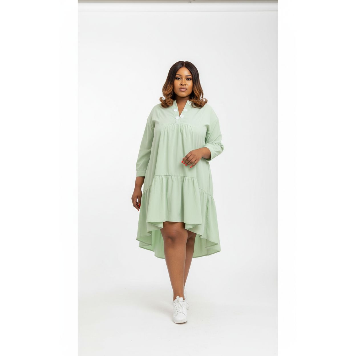 V-Neck Butoon Bubble Dress