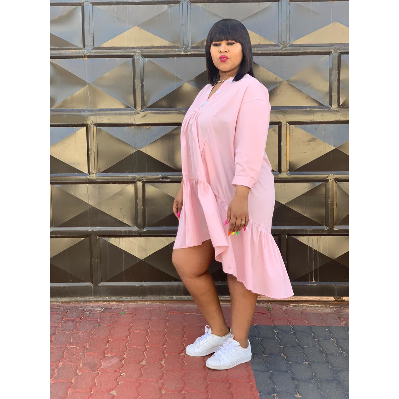 V-Neck Butoon Bubble Dress