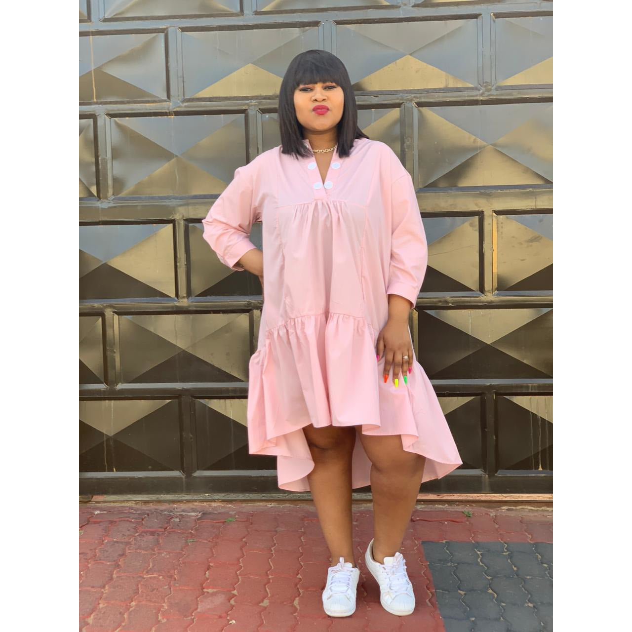 V-Neck Butoon Bubble Dress