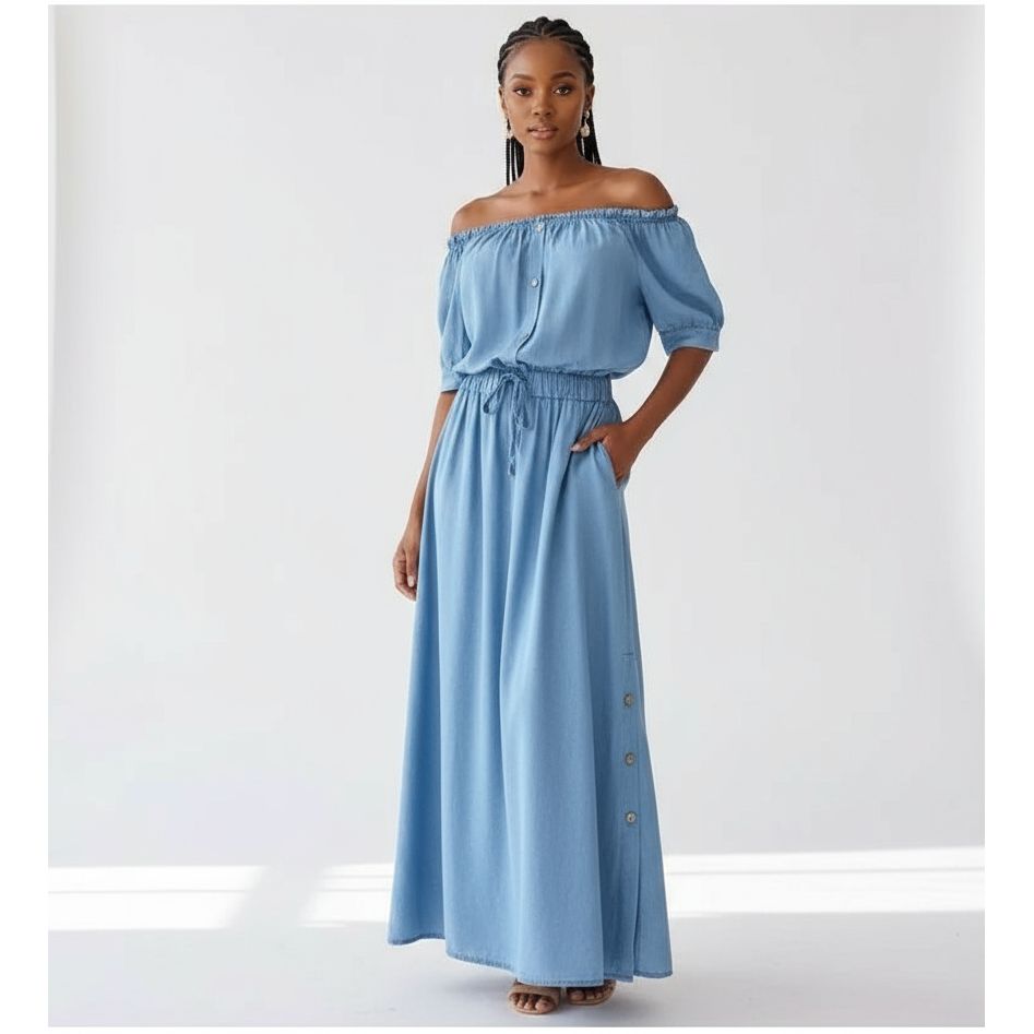 Off Shoulder Button Detailed Denim Dress 