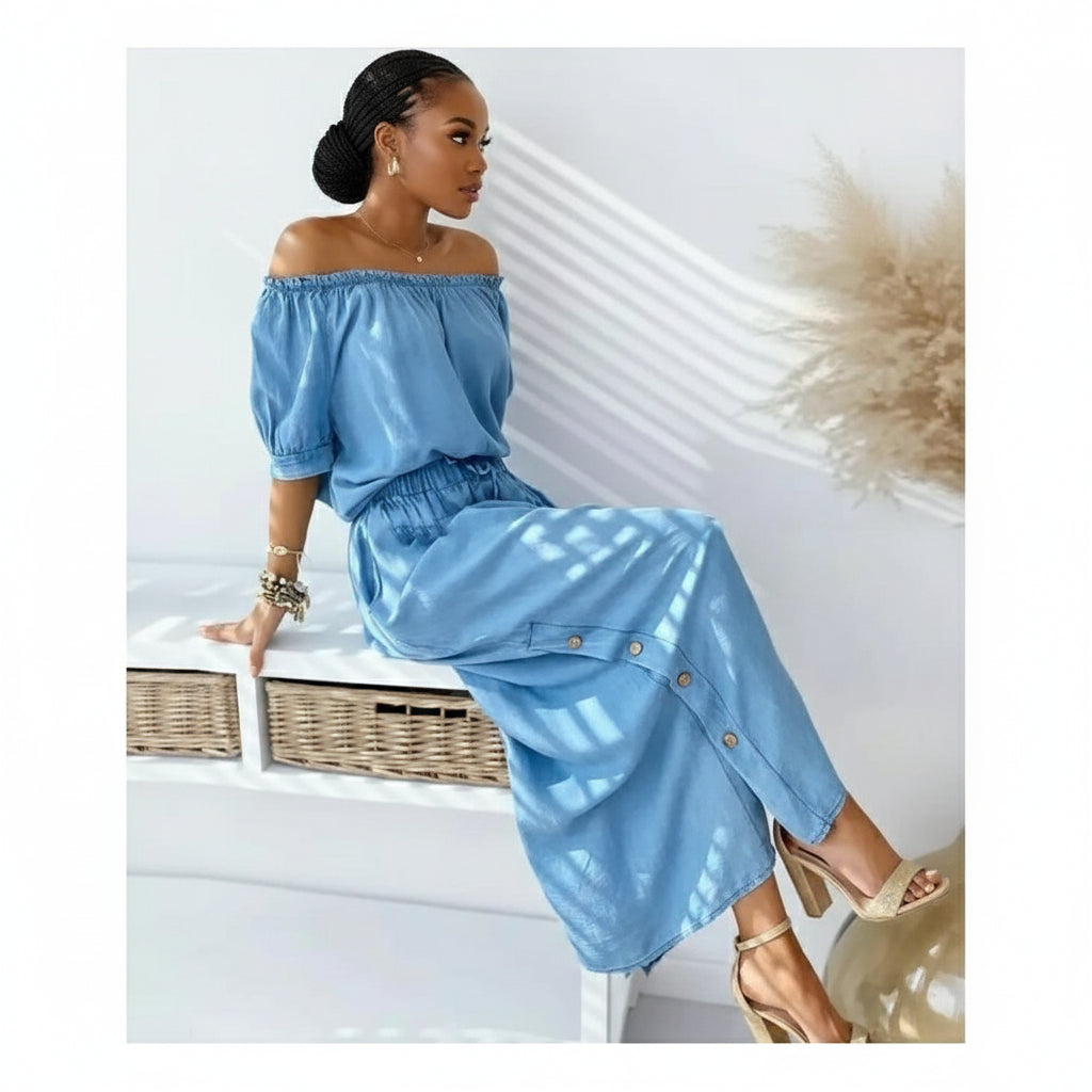 Off Shoulder Button Detailed Denim Dress 