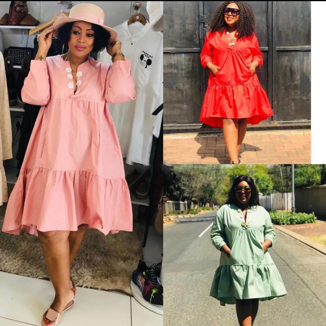 V-Neck Butoon Bubble Dress