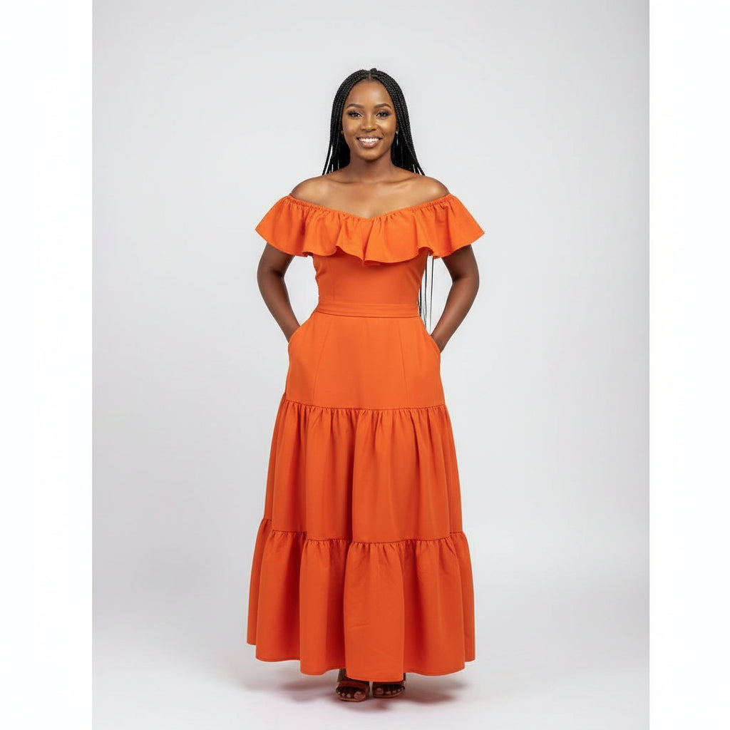 V-Neck Off Shoulder Maxi Dress 