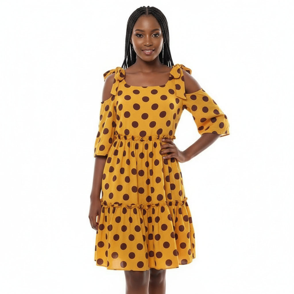 Cut off The Shoulder Polka Dots Dress