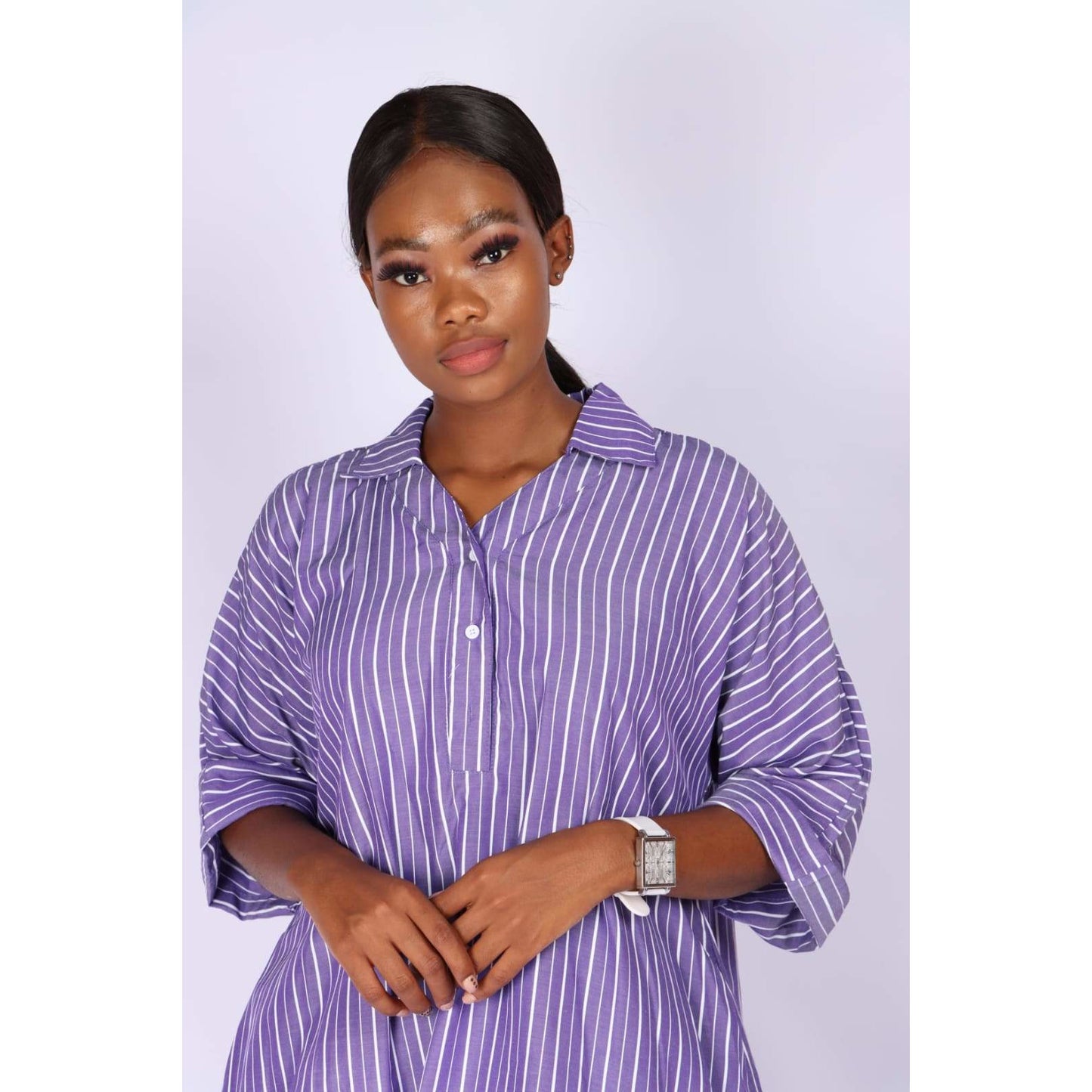 V-Neck Striped Bubble Shirt Dress 