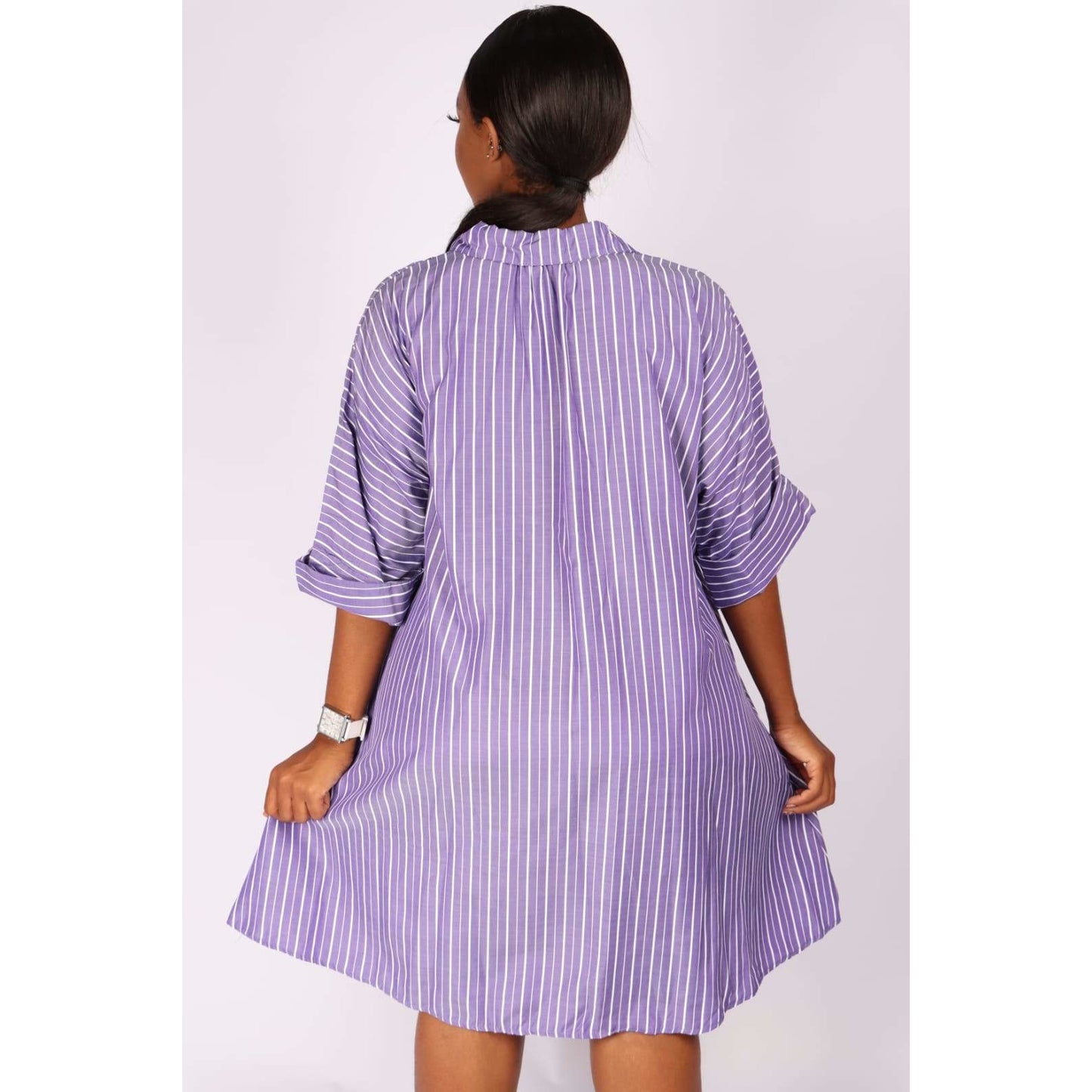 V-Neck Striped Bubble Shirt Dress 