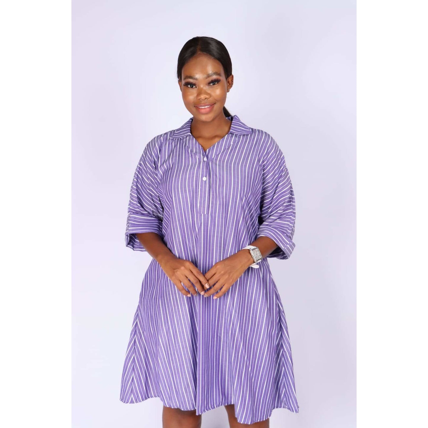 V-Neck Striped Bubble Shirt Dress 