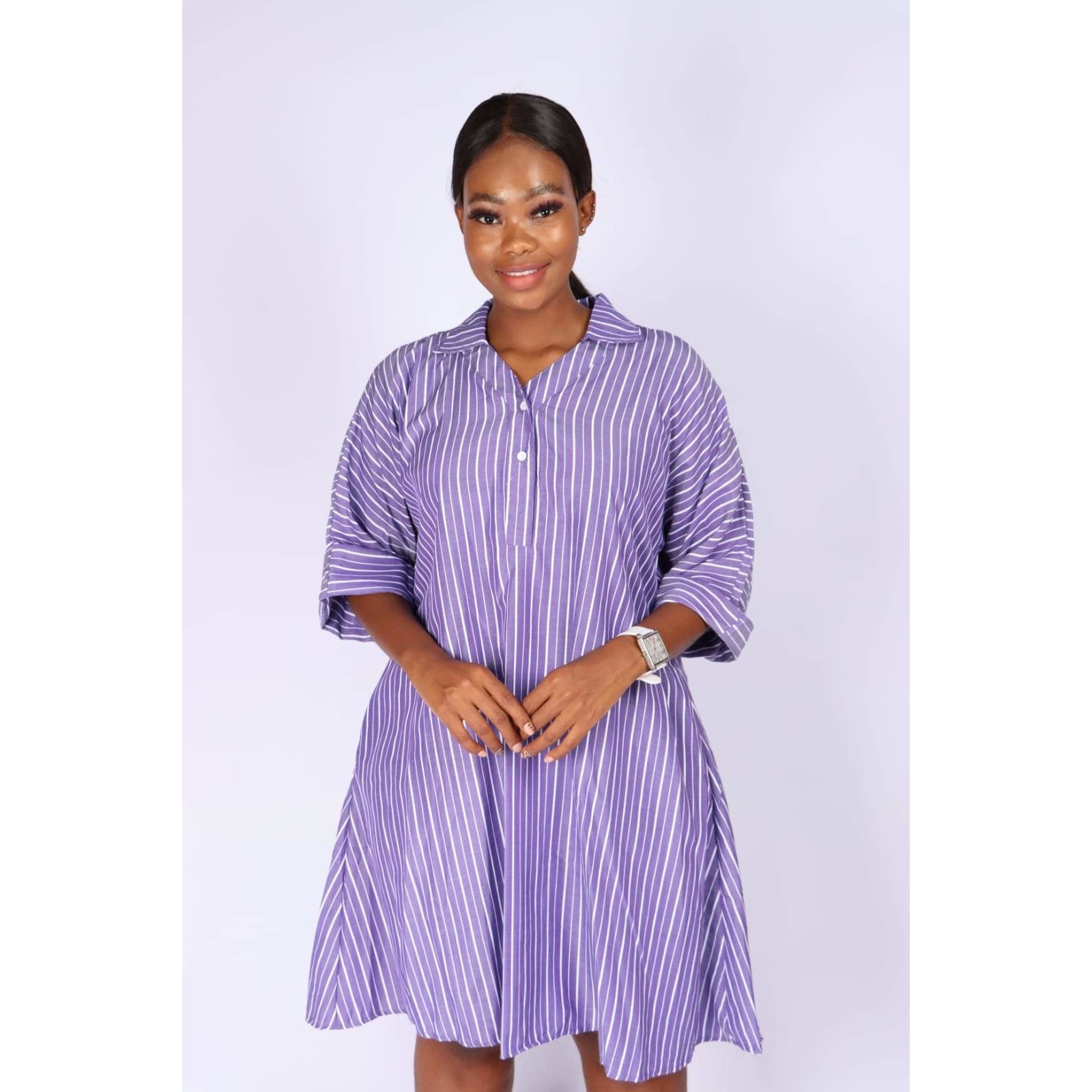 V-Neck Striped Bubble Shirt Dress 