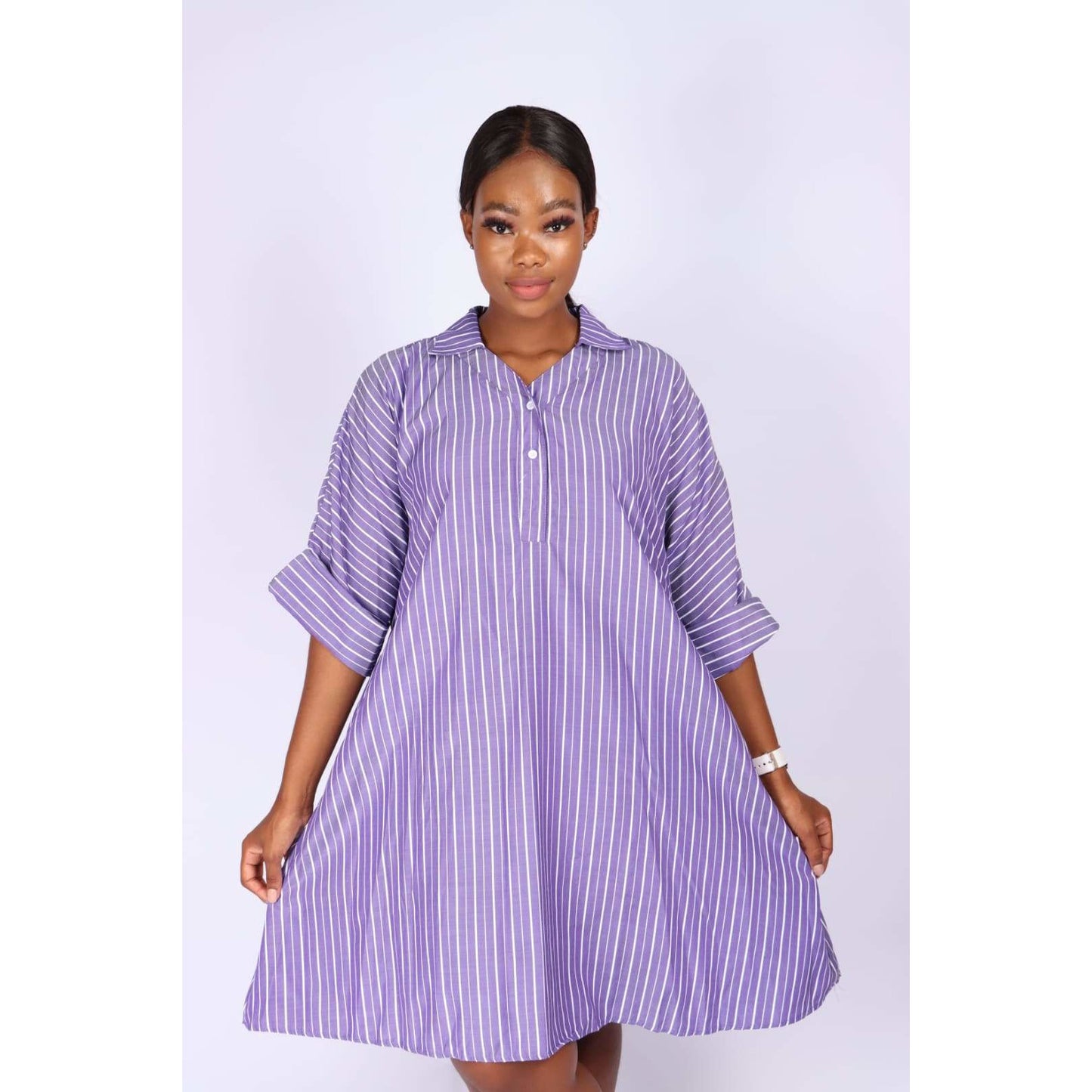V-Neck Striped Bubble Shirt Dress 