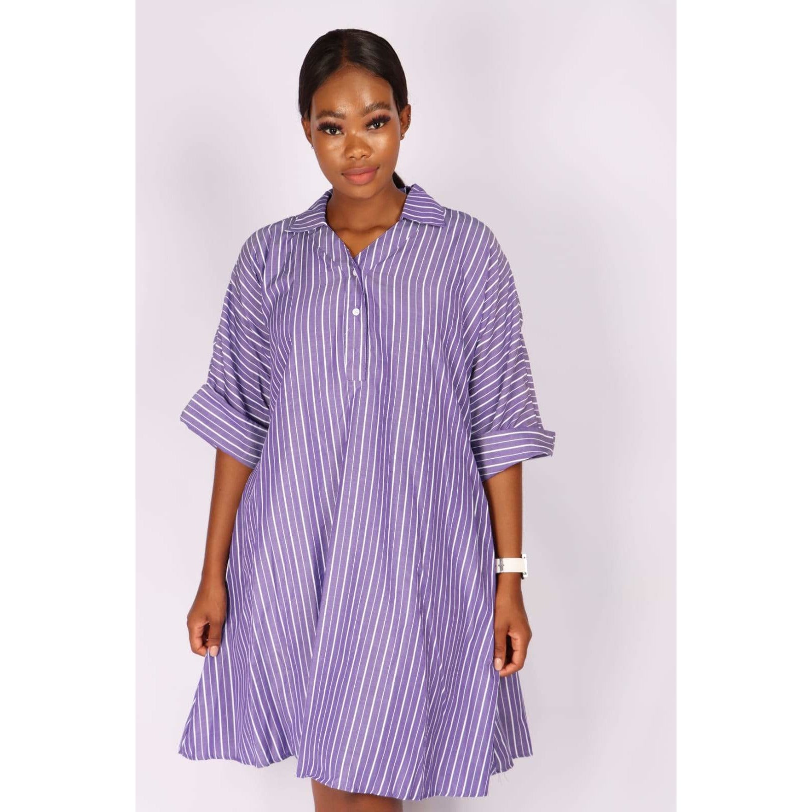 V-Neck Striped Bubble Shirt Dress 