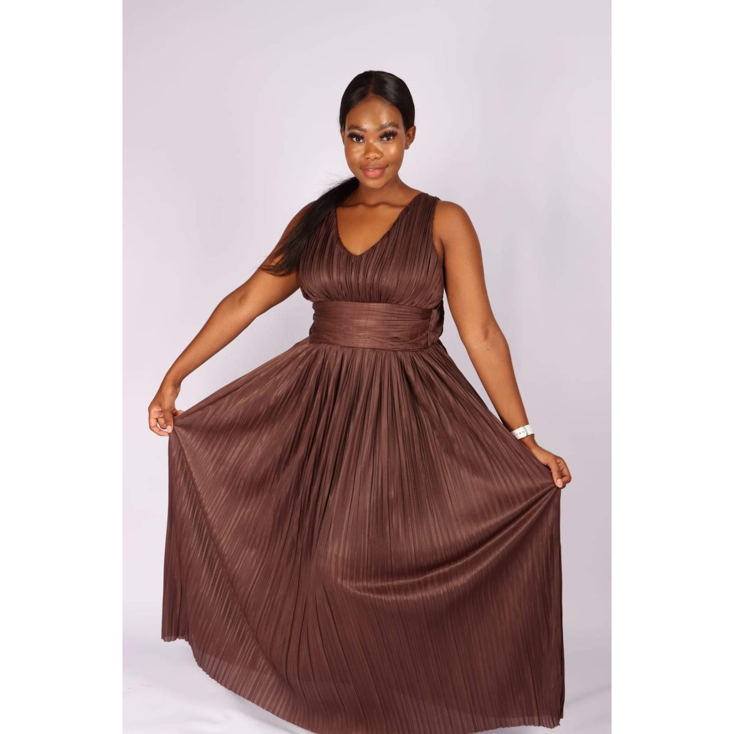 Deep V-Neck Pleated Maxi dress 
