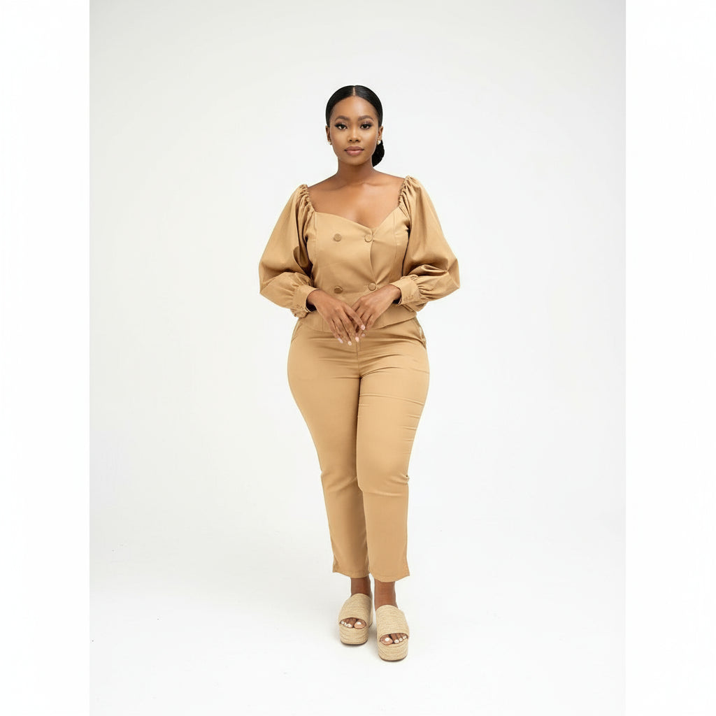 Woman wearing a beige outfit on a white background