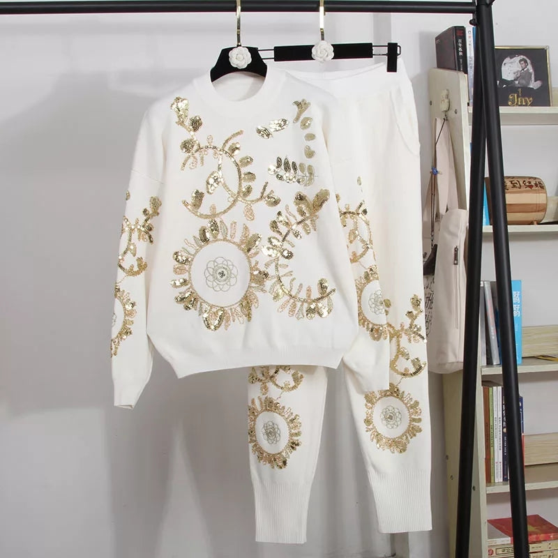 Sequins Knit Sweater + Pant Sets