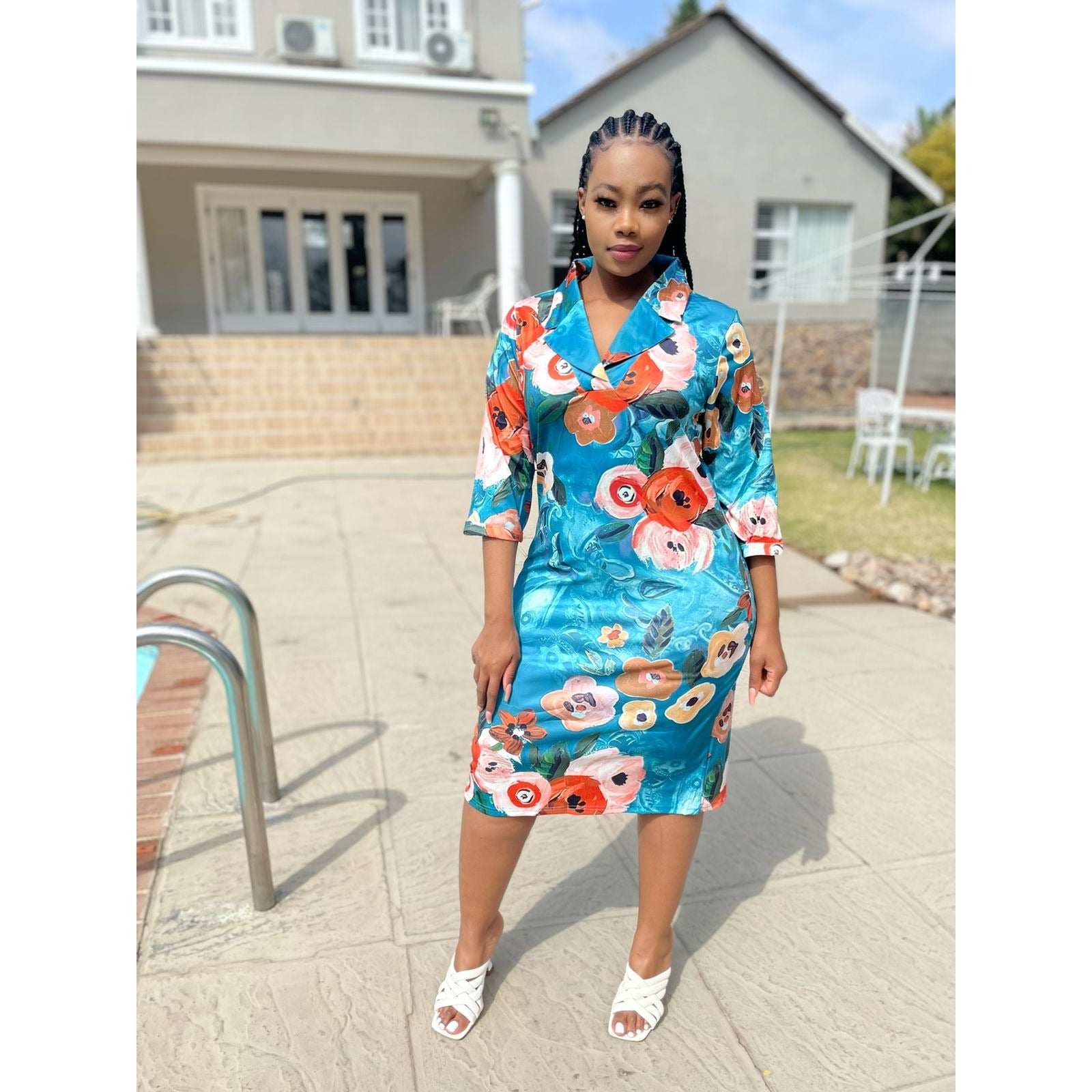 V-Neck Collar print Midi Dress