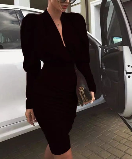 Long Sleeve V-neck Ruched Bodycon Dress