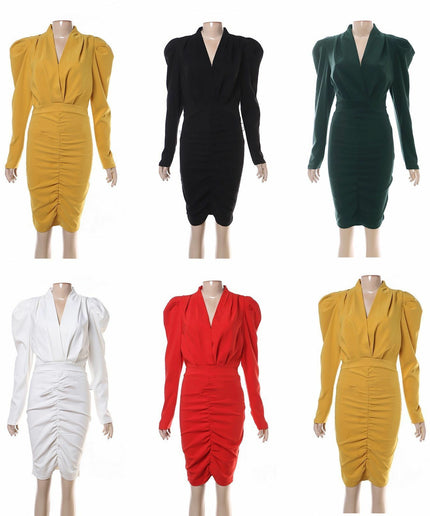 Long Sleeve V-neck Ruched Bodycon Dress
