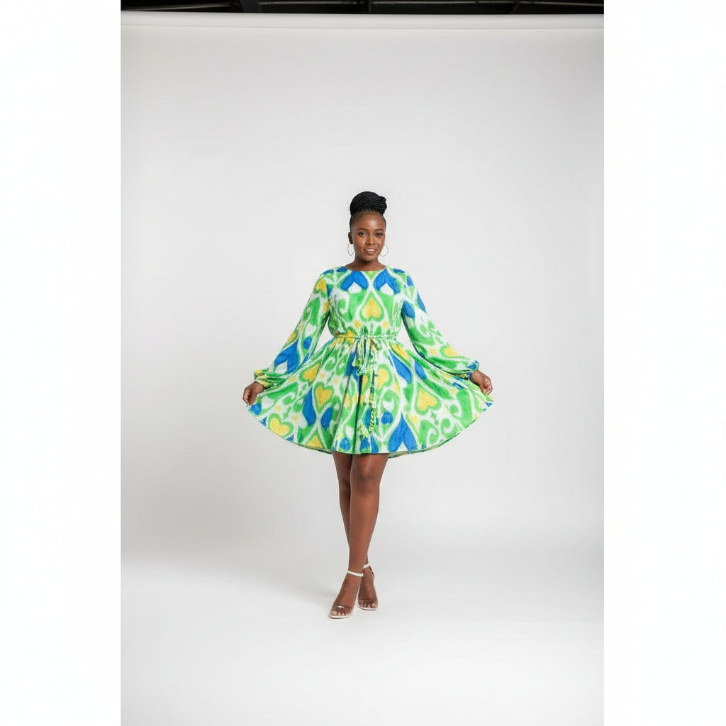 Bowknot Round  Neck Lantern Sleeve Mini Dress