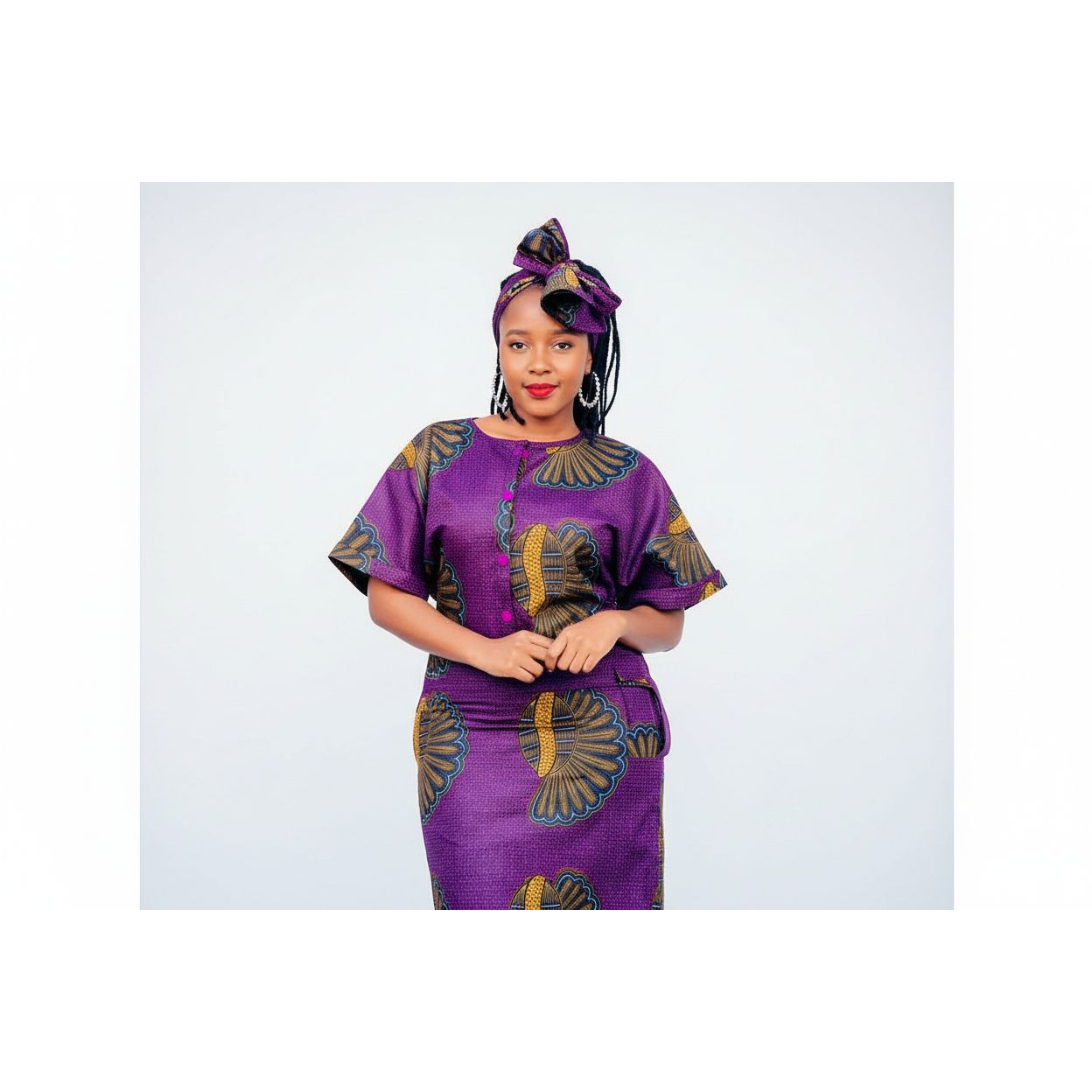 Button Detailed Midi Ankara Dress