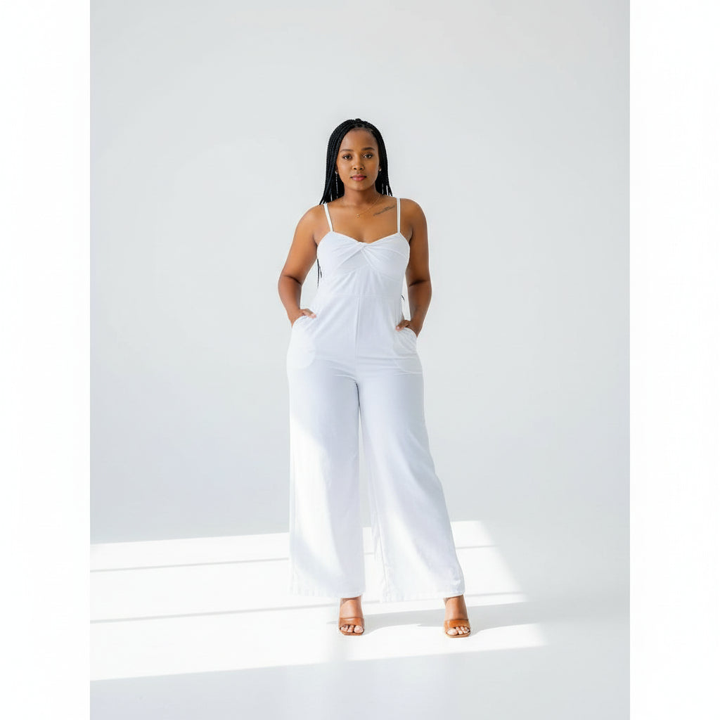 Asymmetrical off-the-shoulder twisted jumpsuit.